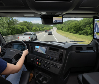 Freightliner truck dashboard and windshield view showing highway driving perspective and digital controls
